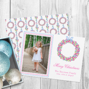 Watercolor Colourful Christmas Baubles Wreath Phot Holiday Card