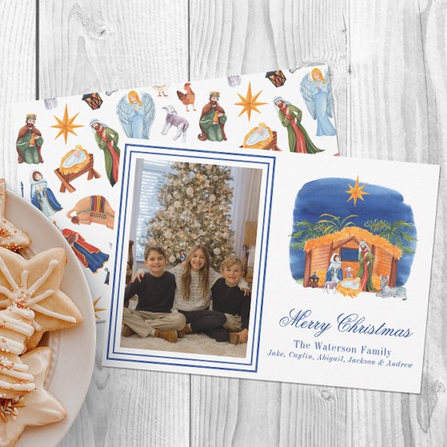 Watercolor Colourful Christmas Nativity Photo Holiday Card (Creator Uploaded)