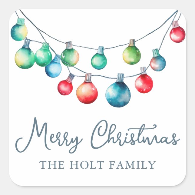 Watercolor Colourful Christmas String Lights Square Sticker (Front)