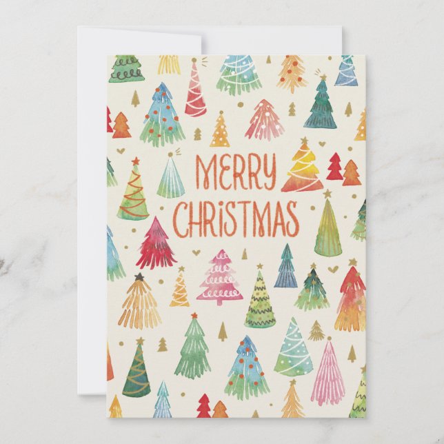 Watercolor Colourful Christmas Trees Holiday Card (Front)