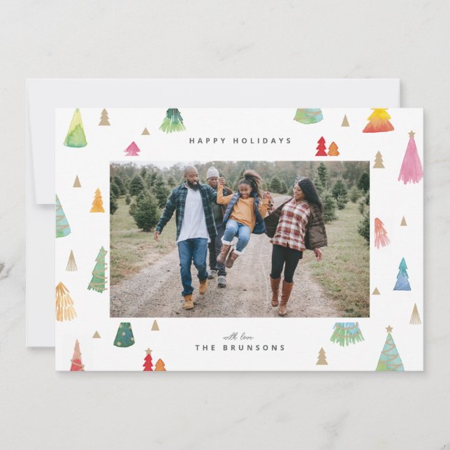 Watercolor Colourful Christmas Trees Holiday Card (Front)