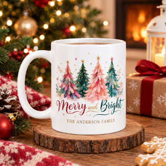Watercolor Colourful Christmas Trees Merry & Brigh Coffee Mug