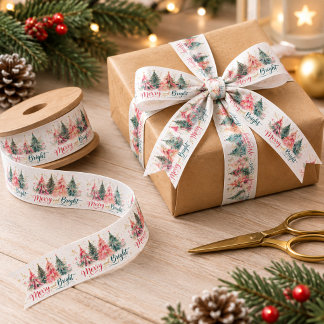 Watercolor Colourful Christmas Trees Merry & Brigh Satin Ribbon