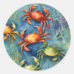 Watercolor Colourful Crabs & Sea Coral Coastal Classic Round Sticker