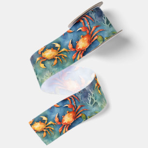 Watercolor Colourful Crabs & Sea Coral Coastal Satin Ribbon