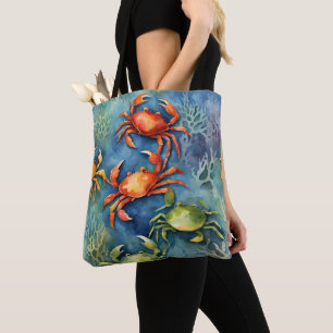 Watercolor Colourful Crabs & Sea Coral Coastal Tote Bag