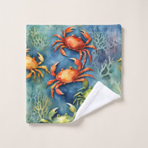 Watercolor Colourful Crabs & Sea Coral Coastal  Wash Cloth