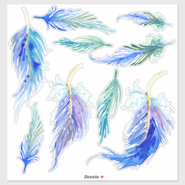 Watercolor Colourful Feather Aqua Blue Purple Gree (Sheet)