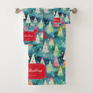 Watercolor Colourful Festive Rainbow Christmas Tre Bath Towel Set