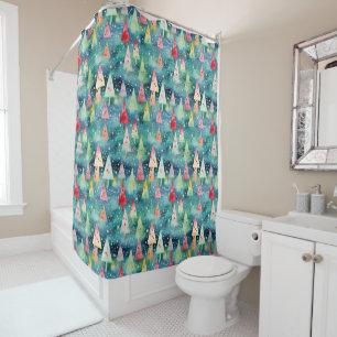 Watercolor Colourful Festive Rainbow Christmas Tre Shower Curtain
