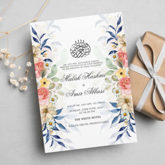 Watercolor Colourful Floral Leaves Muslim Wedding Invitation (Creator Uploaded)