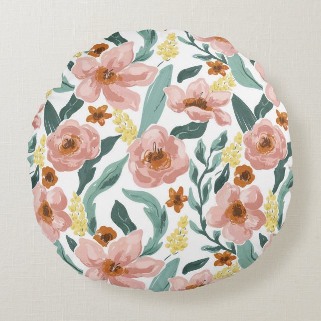 Watercolor Colourful Floral Round Cushion (Front)