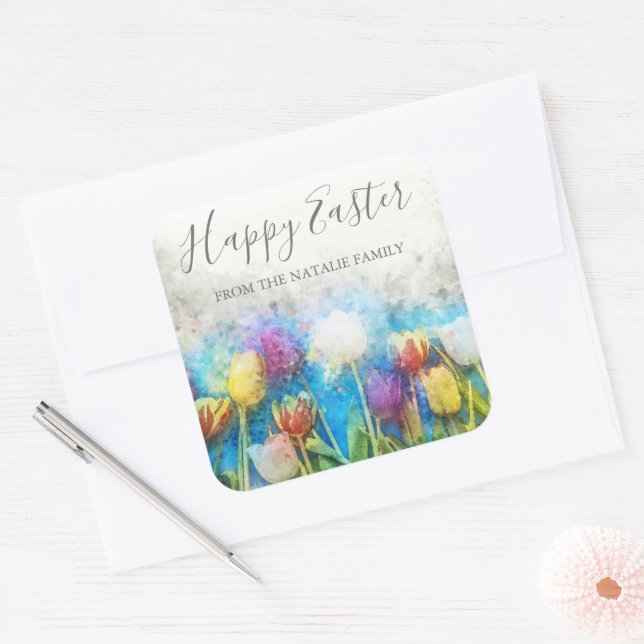 Watercolor Colourful Floral Tulips Happy Easter Square Sticker (Envelope)