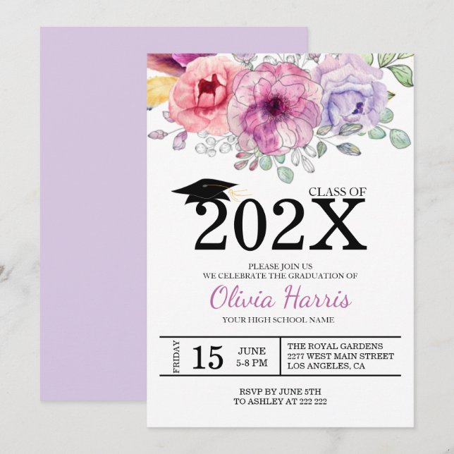 Watercolor Colourful Flowers Graduate Invitation (Front/Back)