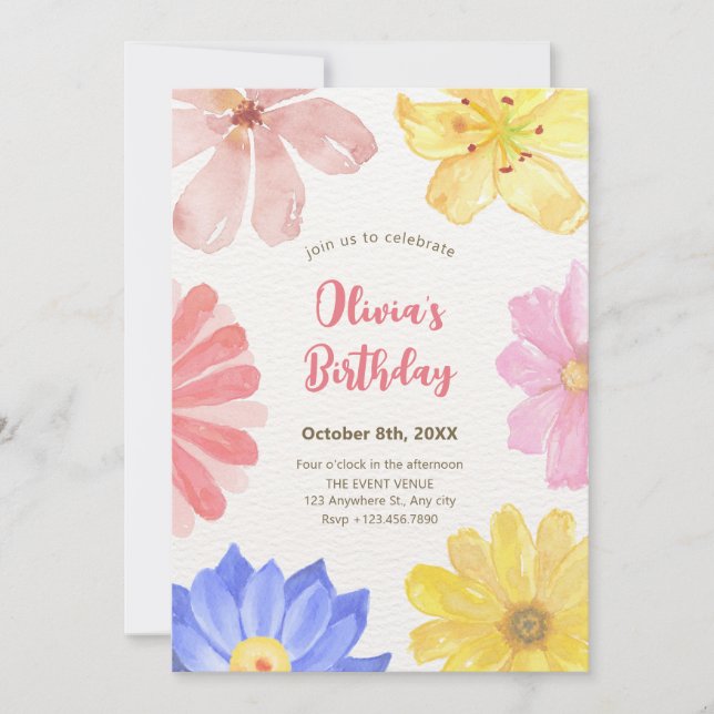 Watercolor colourful flowers invitation (Front)