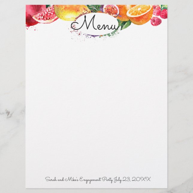 Watercolor colourful fruit party menu letterhead (Front)