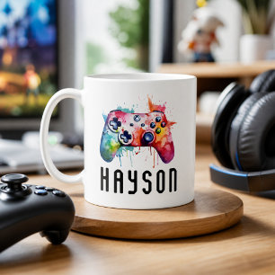 Watercolor Colourful Gamer Controller Kids Name Coffee Mug