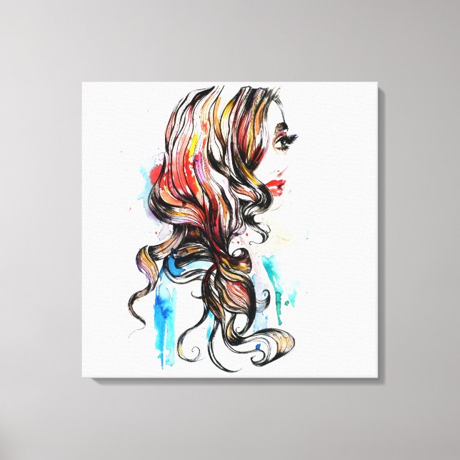Watercolor colourful hairstyling wavy hair makeup canvas print (Front)