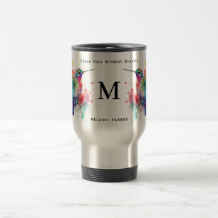 Watercolor Colourful Hummingbird Monogram w/ Name Travel Mug