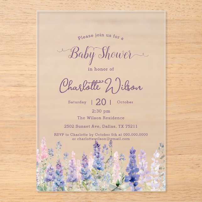 Watercolor Colourful Lupine Flowers Baby Shower Acrylic Invitations (Front)