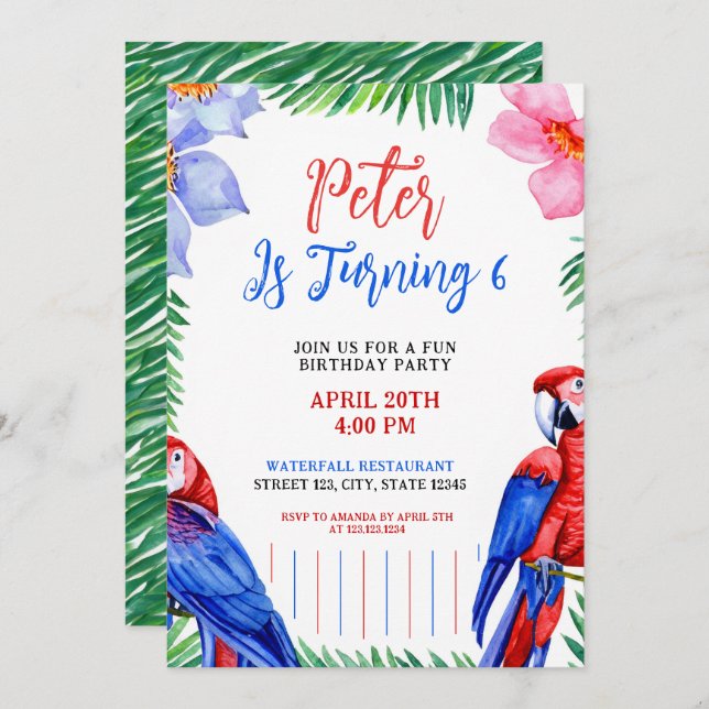 Watercolor Colourful Parrot Birthday Invitation (Front/Back)