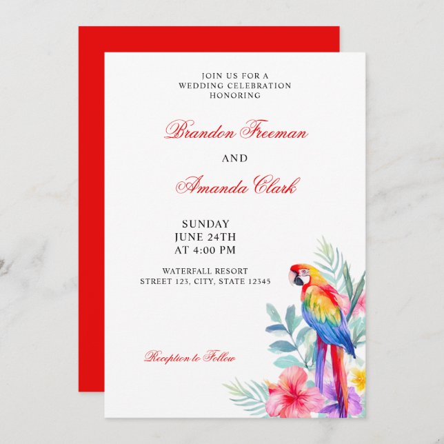 Watercolor Colourful Parrot Floral Wedding Invitation (Front/Back)