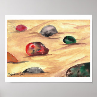 Watercolor colourful pebbles on a sandy beach poster