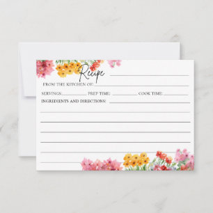 Watercolor Colourful Pink Flowers Recipe Card