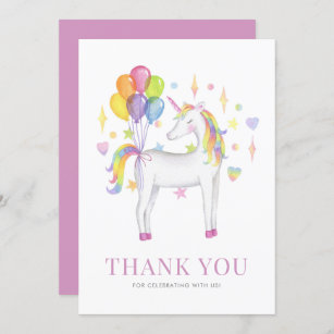 Watercolor Colourful Rainbow Unicorn Kids Birthday Thank You Card