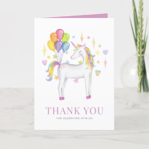 Watercolor Colourful Rainbow Unicorn with Balloons Thank You Card