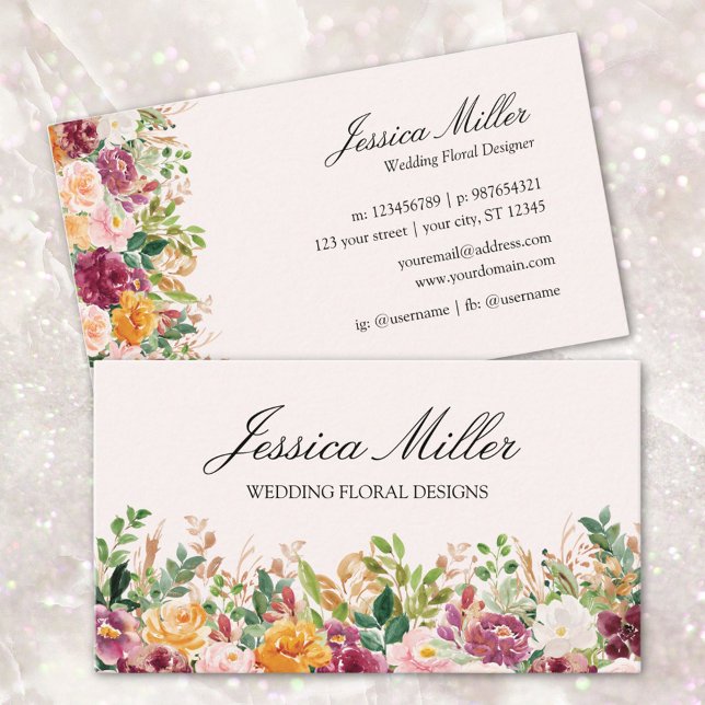 Watercolor Colourful Rose Flower Garden Floral Business Card (Front and back side)