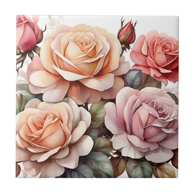 Watercolor Colourful Rose Flowers Tile (Front)