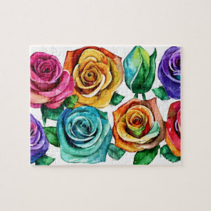 Watercolor Colourful Roses Floral Jigsaw Puzzle