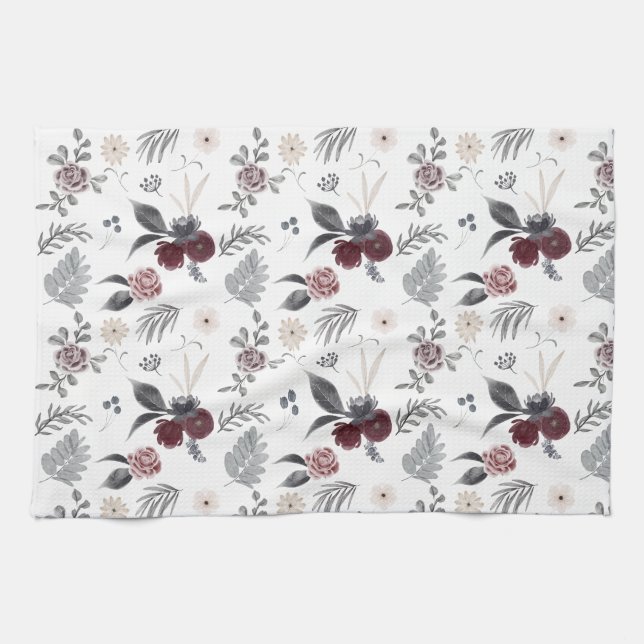 Watercolor Colourful Roses Grey Leaves Tea Towel (Horizontal)