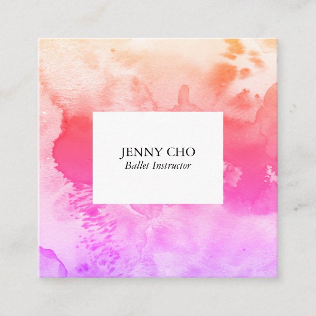 Watercolor colourful textured painting pink square business card (Front)