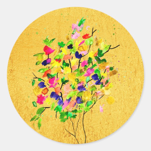 Watercolor colourful tree classic round sticker (Front)