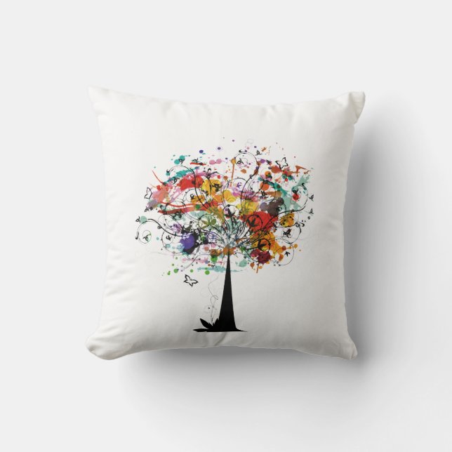Watercolor colourful tree n butterfly.png cushion (Front)