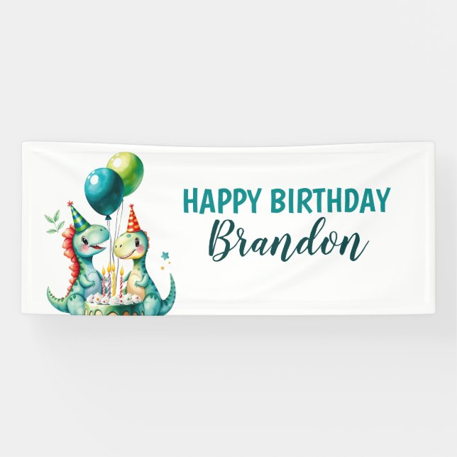 Watercolor Colourful Trex Dinosaur 1st Birthday Banner (Horizontal)