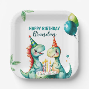 Watercolor Colourful Trex Dinosaur 1st Birthday Paper Plate