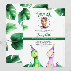 Watercolor Colourful Trex Kids Photo Birthday Invitation