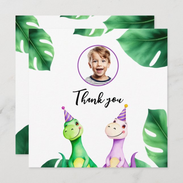Watercolor Colourful Trex Kids Photo Birthday Thank You Card (Front/Back)
