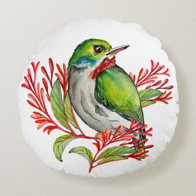 Watercolor colourful tropical bird round cushion (Front)