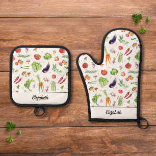 Watercolor Colourful Vegetables Personalised Name Oven Mitt & Pot Holder Set