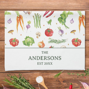 Watercolor Colourful Vegetables Personalised Name Tea Towel