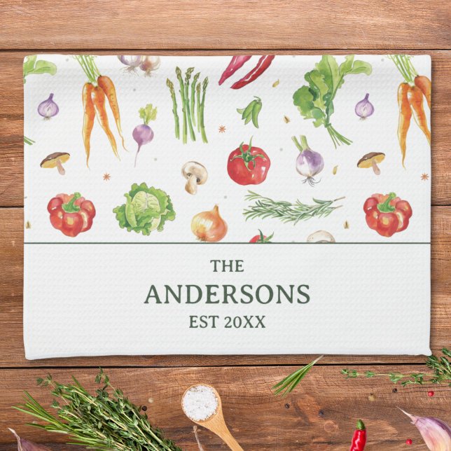 Watercolor Colourful Vegetables Personalised Name Tea Towel (Creator Uploaded)