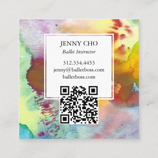 Watercolor Colourful Vivid Textured QR Code Square Business Card (Back)