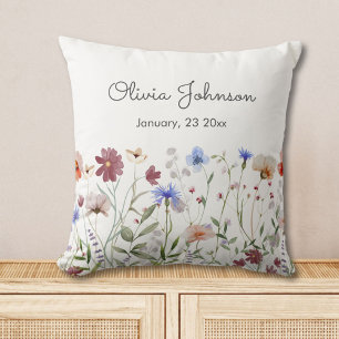 Watercolor Colourful Wildflower Baby Birth Keepsak Cushion