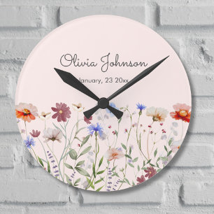 Watercolor Colourful Wildflower Baby Birth Keepsak Round Clock