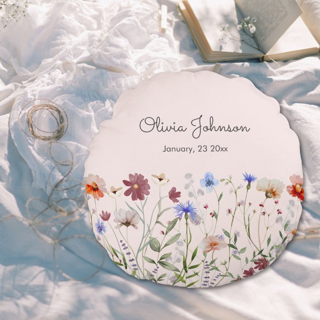 Watercolor Colourful Wildflower Baby Birth Keepsak Round Cushion (In situ)