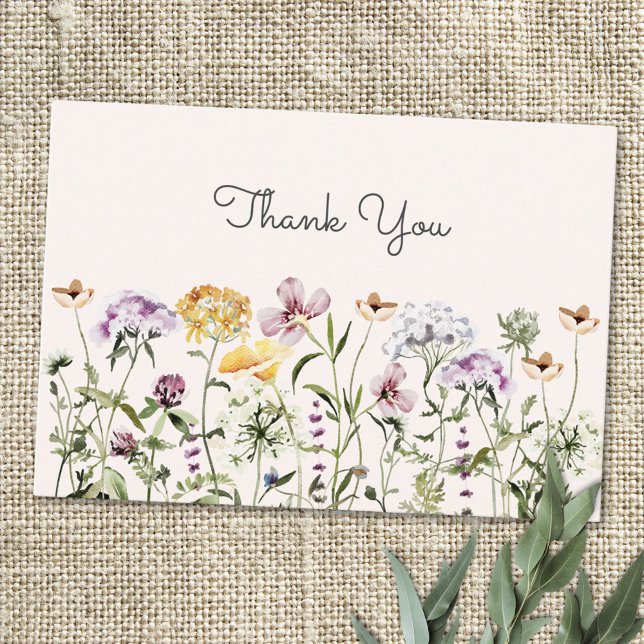 Watercolor Colourful Wildflower Garden Thank You Card (Close up)